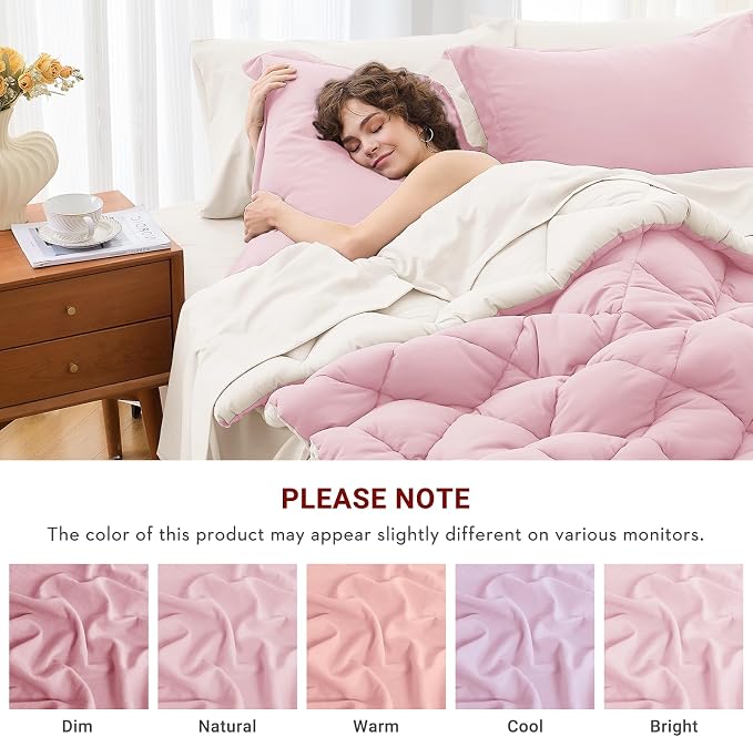 7 Pieces Full Comforter Set, Reversible Bed in a Bag Full Size, All Season Bedding Set with Comforter, Flat Sheet, Fitted Sheet, Pillowcases & Shams, Light Pink & Ivory