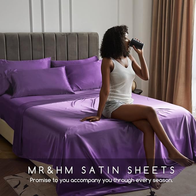 MR&HM Satin Sheets King Size with Elastic Corner Straps, Lavender | Similar to Silk, 6-Piece Silky Soft Bed Sheet Set, Gentle on Skin and Hair, 15" Deep Pocket, Cooling & Breathable