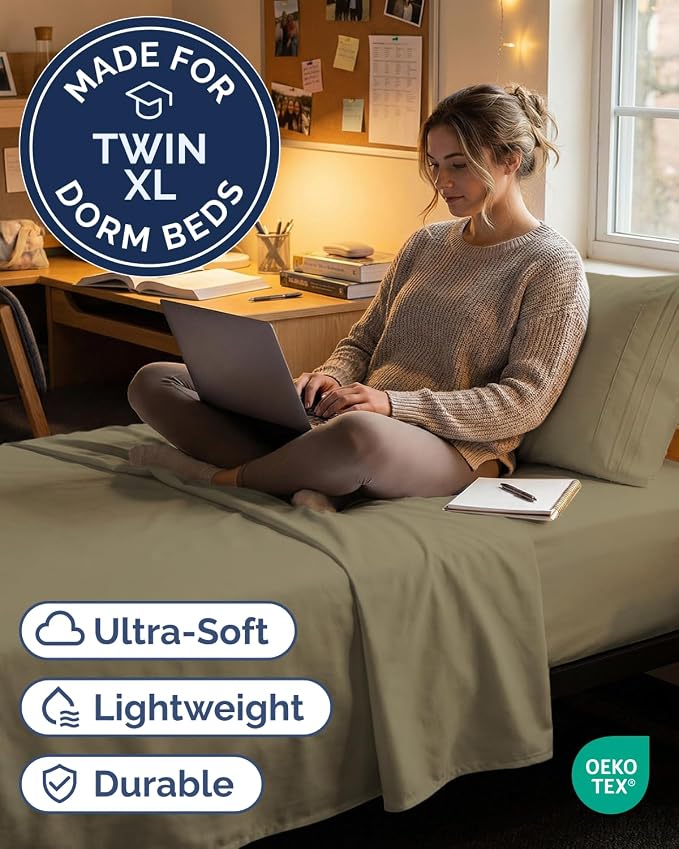 Twin XL 3 Piece Sheet Set - College Dorm Room Essentials - Khaki | Deep Pocket Bed Sheets for Women, Men, Teens & Students, Soft, Cooling, Breathable & Wrinkle Free, Oeko-Tex Bed Sheet Set