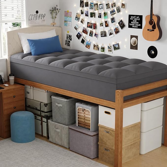 ELEMUSE Twin XL Grey Mattress Topper for College Dorm, Thick Pillow Top | Extra long twin mattress pad with deep pocket, plush college dorm room essential for girls & guys, ideal for back to school