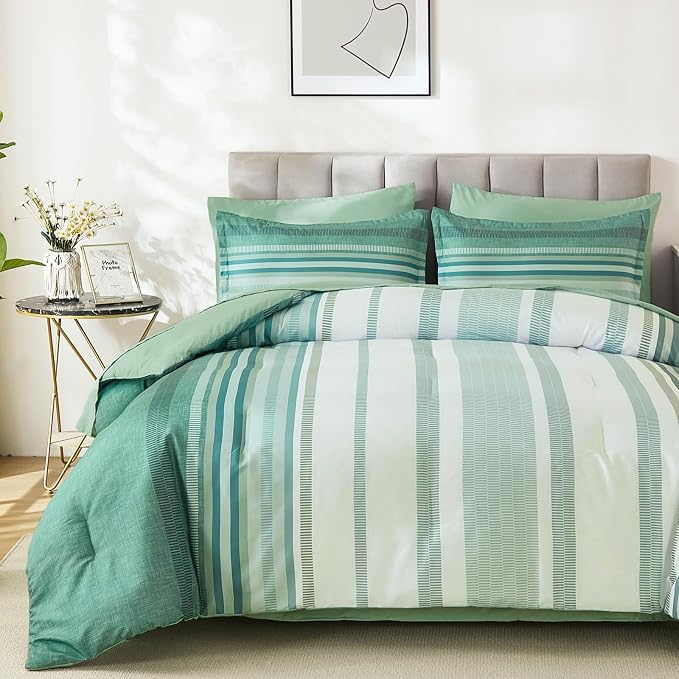Dobuyly Comforter Set Queen Size 7 Piece, Boho Striped Sage Green Bed in a Bag Queen Soft Microfiber Bedding Sets with Comforter, Sheets, Pillowcases & Shams All Season