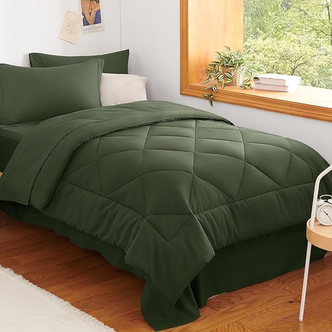 Twin XL Comforter Set Olive Green - 5 Pieces Complete Bedding Set | College Dorm Essentials, OEKO-TEX Certified, All Season, 240GSM Down-Alternative Comforter, Sheets, Pillowcase & Sham