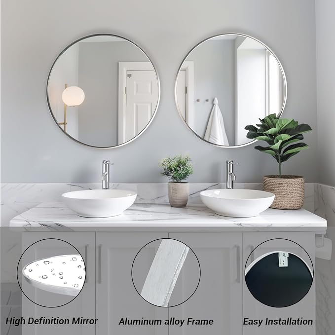 Large Round Mirror,30 inch Circle Mirror,Brushed Silver Metal Frame | High Definition Mirror, Rust-resistant, Easy Installation, Circular Mirrors for Living room Cloakroom, Hallway, Bathroom