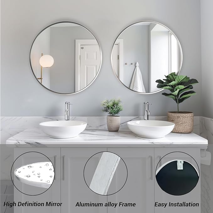 Big Bathroom Mirror 42 inch,Silver Wall Mirror,Brushed Metal Frame | Brushed Silver Metal Frame, High Definition Mirror, Rust-resistant, Circle Mirrors for Living Room, Bedroom, Dressing Room