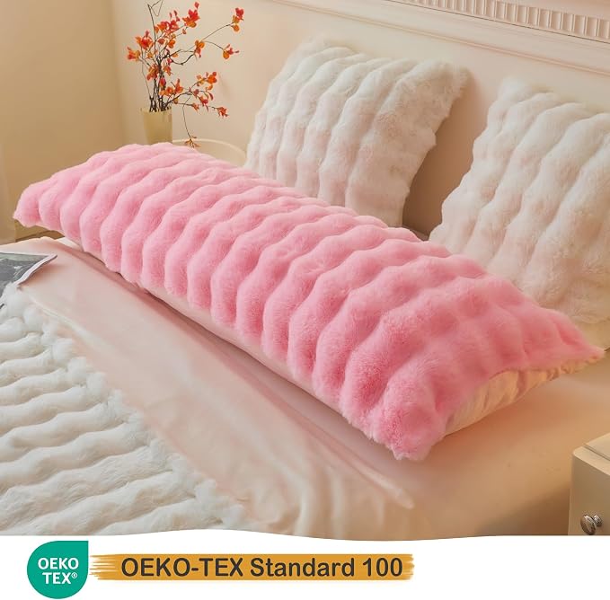 LIFEREVO Fluffy Faux Rabbit Fur Body Pillow Cover 20"x54", Pink | Soft Bubble Shaggy Bed Pillowcase with Zipper Closure, Long Plush Furry Pillow Case for Bedroom Pregnant Women Side Sleeper