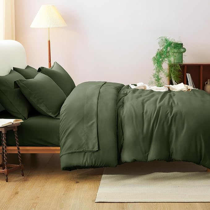 Twin XL Comforter Olive Green, 5 Pieces Bed in a Bag | College Dorm Essentials, OEKO-TEX Certified, 240GSM Down Alternative Comforter, Flat & Fitted Sheets, Pillowcase & Sham