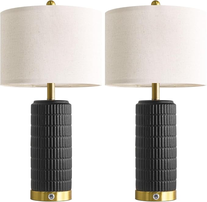 PoKat Ceramic Table Lamps Set of 2 for Living Room, 25'' Modern Touch Bedside Lamps for Bedroom with 2 USB Ports, Farmhouse Black Matte-Textured Nightstand Lamps Office Home Decor (Bulbs Included)