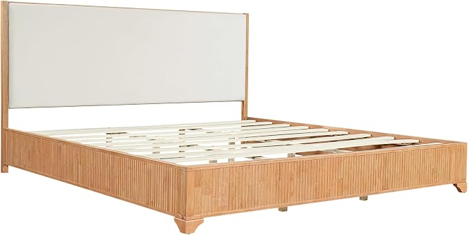 Christopher Knight Home Jill Modern King Bed Frame and Headboard, Bed Frame King with Upholstered Headboard, Wooden King Platform Bed Frame with Slat Supports, No Box Spring Needed, Natural+White