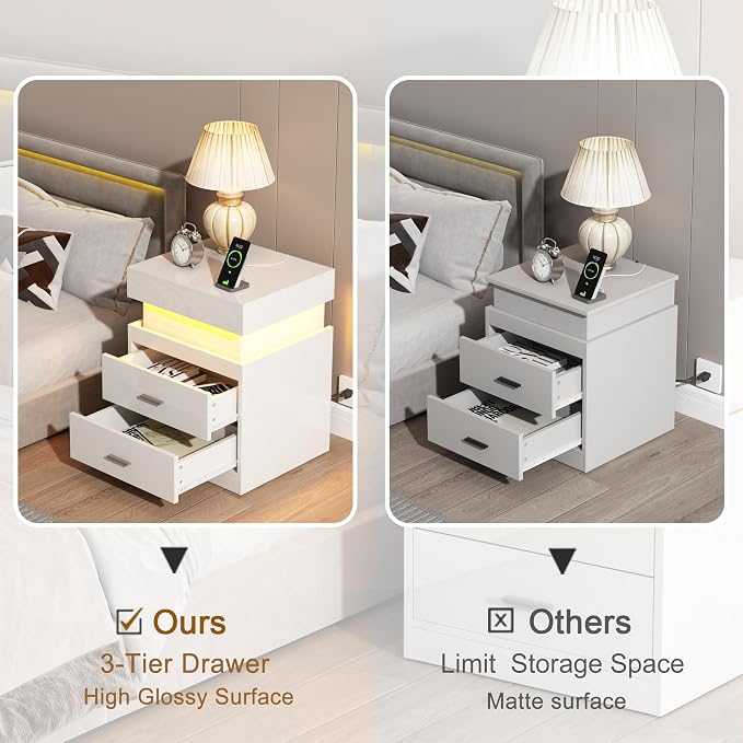 ChooChoo LED Nightstand Set of 2,Smart Night Standwith Charging Station and Sliding Top Storage, White | Sliding Top Storage, 2-Drawers, High Gloss Bedside Table, Modern End Table, Bedroom,White