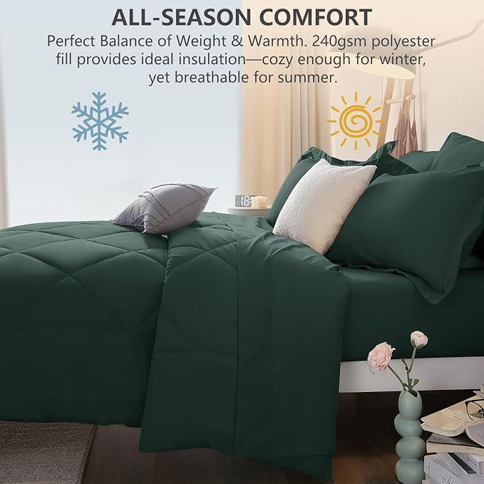 King Size Comforter Set Forest Green - 7 Pieces Bed in a Bag | OEKO-TEX Certified, All Season, 240GSM Down-Alternative Comforter, Sheets, Pillowcases & Shams, 14" Deep Pocket, Easy Care