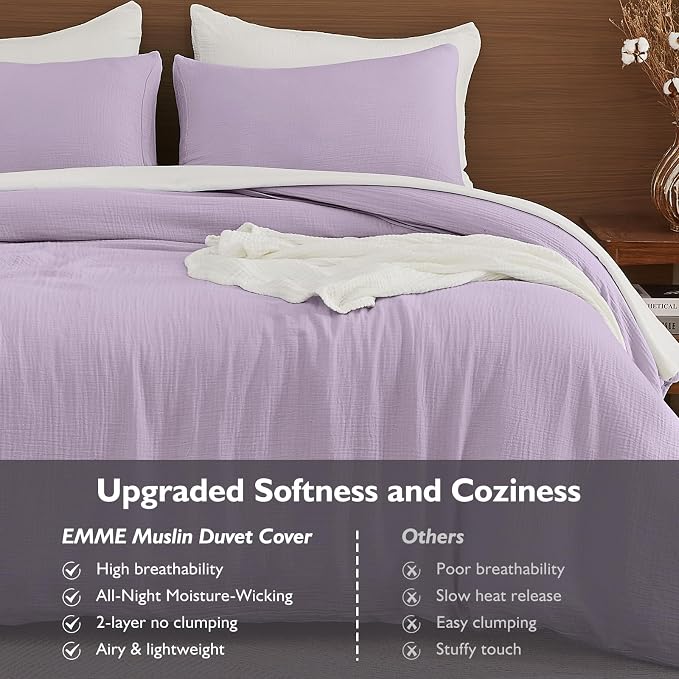 EMME Muslin Cotton Duvet Cover Set Lavender Twin Size Linen Like Soft Breathable Lightweight Summer Comforter Cover Set with Zipper Closure (Lavender, Twin, 68"x90")
