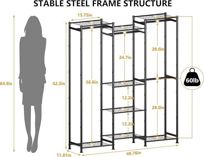 HOMIDEC Wardrobe Closet, 4 Hanging Spaces Portable Clothes Rack | Free Standing Closet Organizer and Storage System with Hanging Rods,Clothing Rack Suitable for Cloakroom,Bedroom,etc.Black