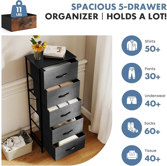 DUMOS Nightstand with 5 Drawers, Bedside Table with Removable Fabric Bins, Sturdy Steel Frame Wood Skinny Dresser Furniture for Bedroom Closet Living Room, Grey