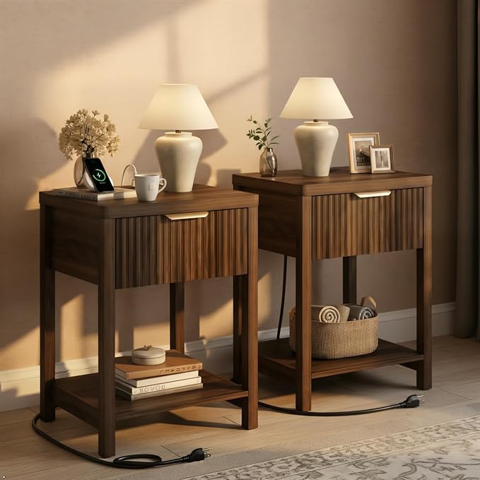 Night Stand Set 2, Fluted Wood Nightstands w/Charging Station for Bedroom | Walnut, Storage Drawer, Open Shelf, Metal Silent Rails, Round Corners, Modern Fluted Panel, Living Room, Bedside Table