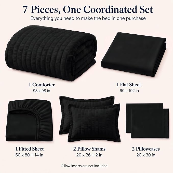 Oversized Queen Comforter Set, 7-Piece Black Seersucker, 98 x 98 in | OEKO-TEX Certified All Season Bed in a Bag with 240 GSM Down Alternative Comforter, Flat & Fitted Sheets, Pillowcases & Shams