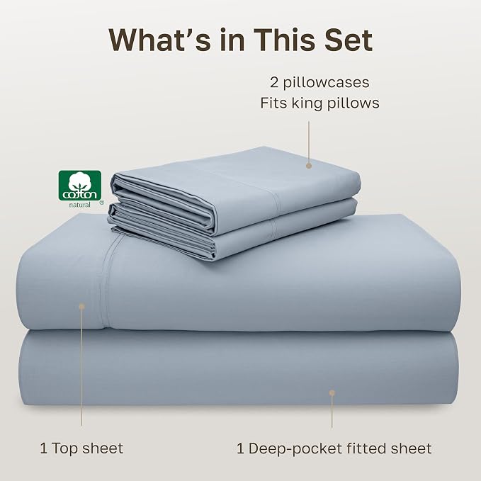 California Design Den 600 Thread Count King Size Bed Sheets Set, Sky Blue | 100% Cotton Sateen Backed by Good Housekeeping Seal, Soft & Smooth, 16" Deep Pocket, All-Around Elastic, Durable, Easy Care