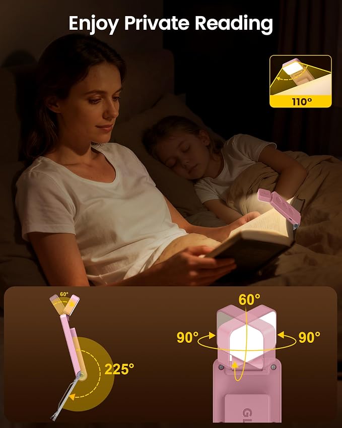 Glocusent Eye-Caring 12 LED Book Light, Compact Rechargeable Reading Light | Wide Full-Page Lighting, 5 Colors & 5 Brightness, Eye-Caring Bed Reading, Up to 100Hrs, Book Lovers, USB-C Rechargeable