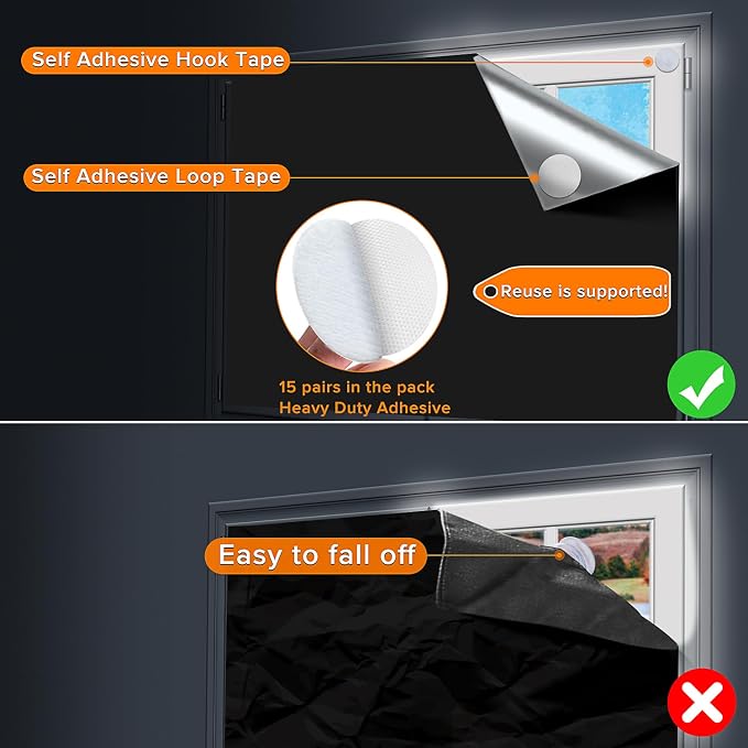 Portable Blackout Curtains (79" x 57"), 100% Portable Blackout Blinds with 15 Pair Hook & Loop Tabs Stick-on, Temporary Shades for Baby/Travelers/Bedroom