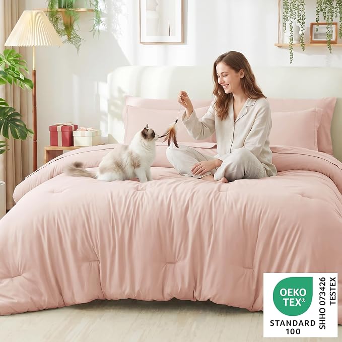 King Size Comforter Set Blush Pink, 7 Pieces Bed in a Bag | OEKO-TEX Certified, All-Season, Bedroom, 240GSM Down Alternative Comforter, Flat & Fitted Sheets, 2 Pillowcases & 2 Shams