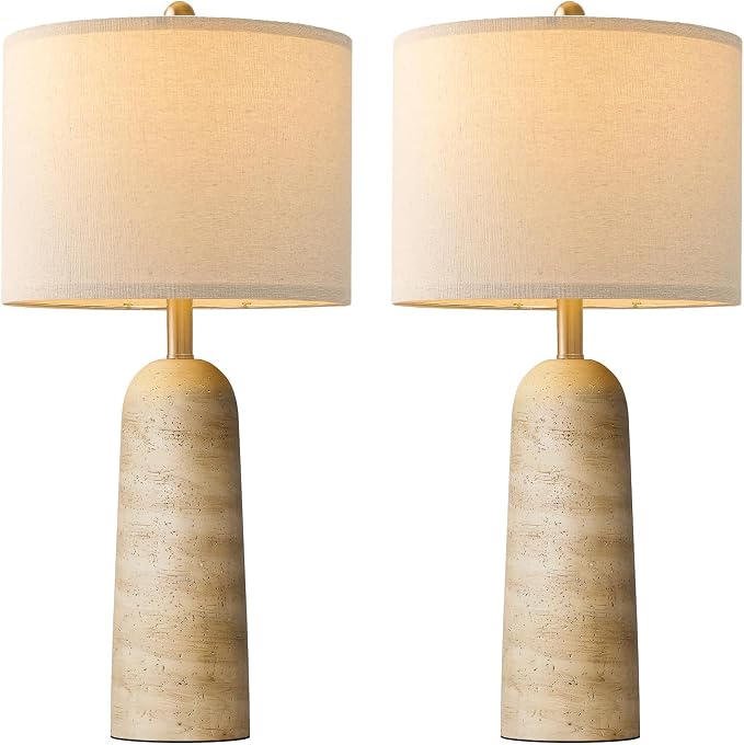 BOBOMOMO Modern Table Lamp Set of 2, Warm Beige Resin Lamp with Natural Stone Look, 27.25" Lamps for Living Room with Linen Shades, Bedside Lamp for Bedroom, Living Room, Nightstand, Entryway