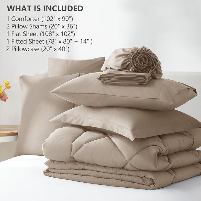 King Size Comforter Set Khaki - 7 Pieces Complete Bedding Set | OEKO-TEX Certified, All Season, 240GSM Down-Alternative Comforter, Sheets, Pillowcases & Shams, 14" Deep Pocket, Easy Care