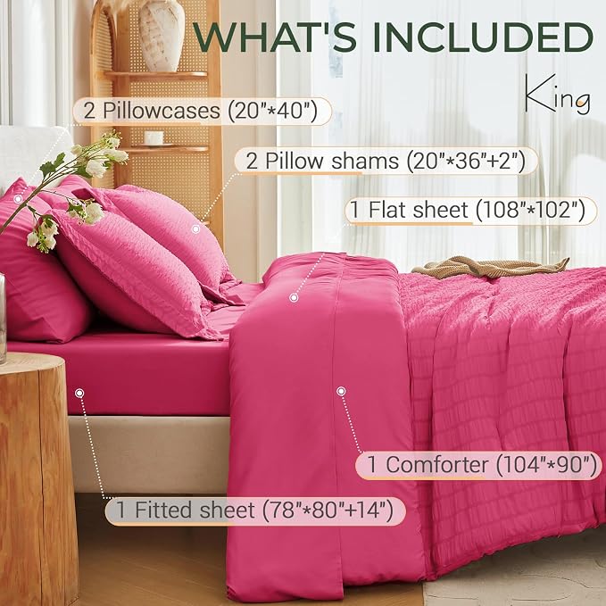 7 Pieces King Comforter Set, Seersucker Bed in a Bag King Size, All Season Luxury Bedding Set with Comforter, Flat Sheet, Fitted Sheet, Pillowcases & Shams, Hot Pink