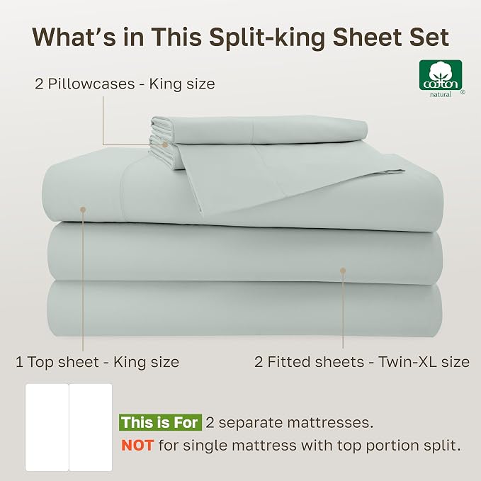 California Design Den 100% Cotton Sateen Split King Bed Sheet Set, 5 Pcs | 500 TC with Good Housekeeping Seal, Split King Sheets Sets for Adjustable Bed with 2 Separate Twin-XL Mattresses,Silver Sage