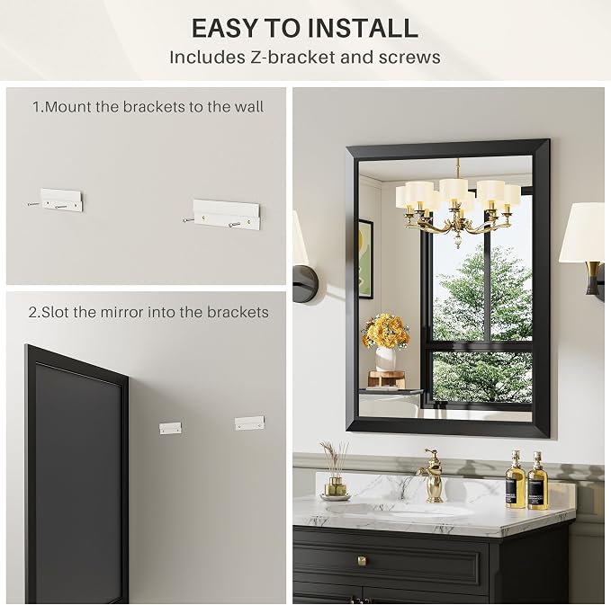 Black Metal Framed Bathroom Wall Mirror, 20x28 Inch | Anti-rust, HD tempered glass, for bathroom vanity, bedroom, living room, horizontal or vertical mount