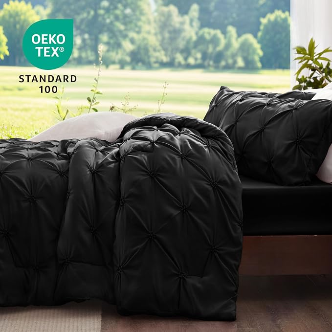 BEDELITE King Comforter Set Black,Lightweight & Soft Comforter | Pintuck Boho Bedding, Warm & Cute Bed Set for All Season,With 2 Pillowcases