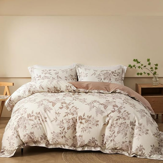 OAITE Queen Duvet Cover Set 3pcs 100% Cotton 600 Thread Count with Floral | Luxury Soft, Breathable,Long Staple Cotton,Hidden Zipper,8 Corner Ties,Easy Care for All Season