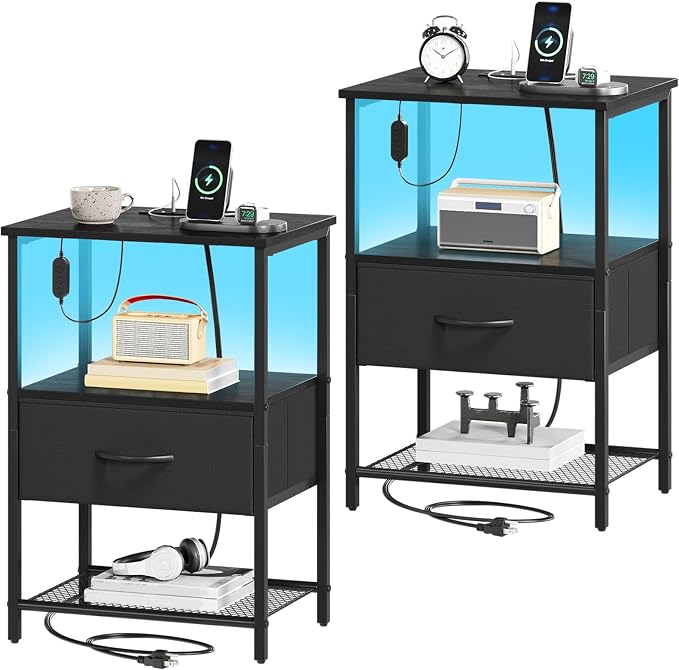 Somdot Nightstand Set of 2 with Charging Station & LED Light, Bedside Table | Dorm, Guest Room, Kids Room, Laundry, Closet, Entryway and Hallway, Black