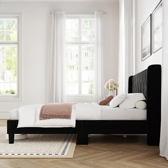 Novilla Full Size Bed Frame, Full Bed Frame with Headboard, Velvet Upholstered Pull-Point Wingback Headboard, No Box Spring Needed, Heavy Duty Feet, Easy Assembly, Black Velvet