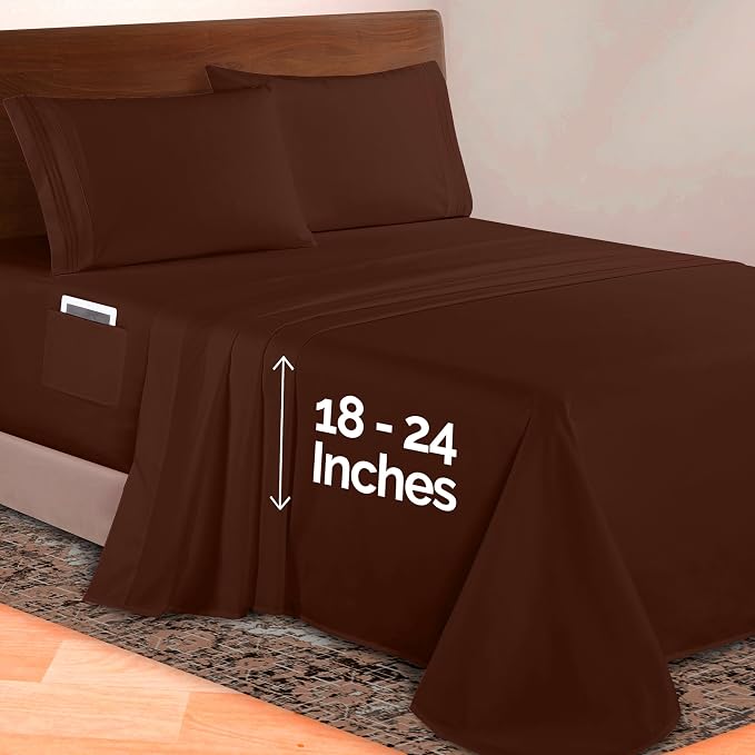 Elegant Comfort Luxurious 1500 Premium Hotel Quality Microfiber 4-Piece Sheet Set, 18-24 Inches Deep - Extra Deep Pocket Sheets - Ultra Soft 4PC Deep Pocket Sheets, California King, Chocolate Brown