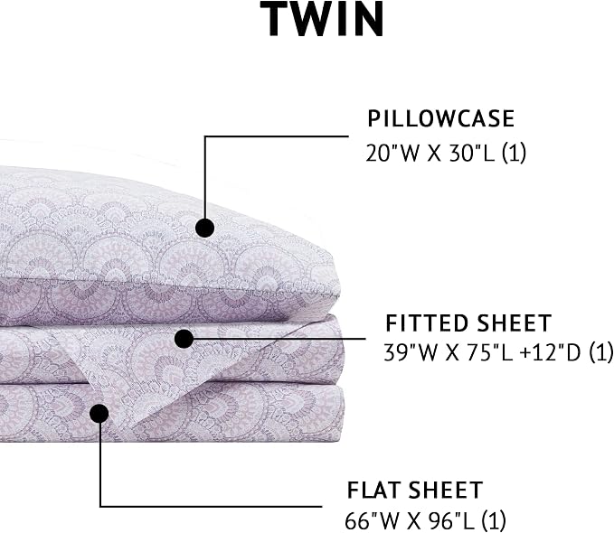 Comfort Spaces 100% Cotton Percale Sheets Twin Size 3 Pcs, Tabitha Purple | Crisp, Cool & Breathable Bed Sheets, 12" Deep Pocket Fits Up to 14" Mattress, Lightweight, All Season Cozy, with Pillow Case