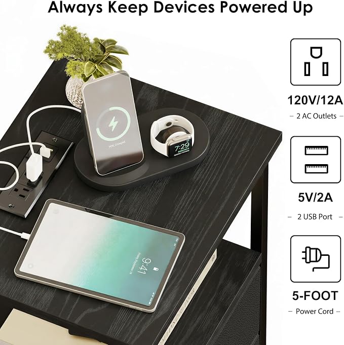 Fixwal Night Stand with Charging Station, 2 Fabric Drawers, Black | built-in bedside charger, 2 AC outlets & 2 usb ports, 2 wooden shelves, end table with storage, bedroom, living room