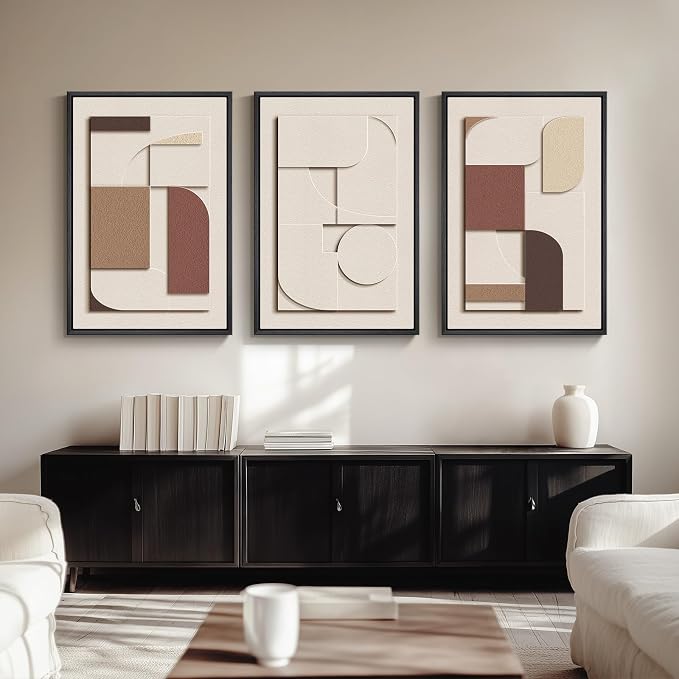 3D Textured Large Framed Neutral Abstract Wall Art for Living Room, 3 Piece | Wood Frames, Brown and Cream Sandstone Paintings, Modern Artwork for Walls, Geometric Sculptural Pictures Wall Decor Bedroom