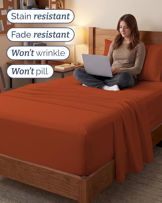 Extra Deep Twin XL Sheet Set - 3 Piece College Dorm Room - Terracotta | Soft, Breathable & Cooling, Easily Fits 18 to 24 inch Mattress, Wrinkle Free & Fade Resistant with Extra Deep Pockets