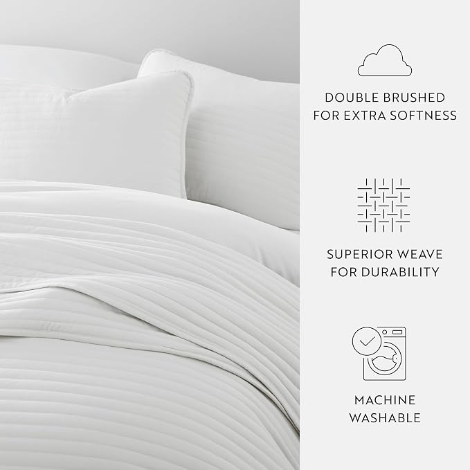Merit Linens Modern Quilt Coverlet Soft Set in Stripe Stitching - Full/Queen White