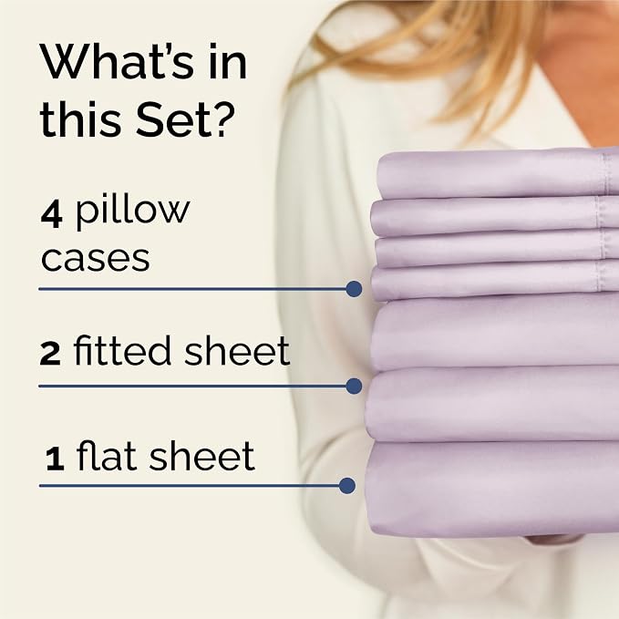 Split King 7 Piece Bed Sheet Set - Breathable & Cooling - Light Lavender | Ultra-Soft Hotel Luxury Bedding Set w/ 8-16 Inch Deep Pockets, 1 Flat & 2 Fitted Sheet & 4 Pillowcases, Wrinkle & Fade Free