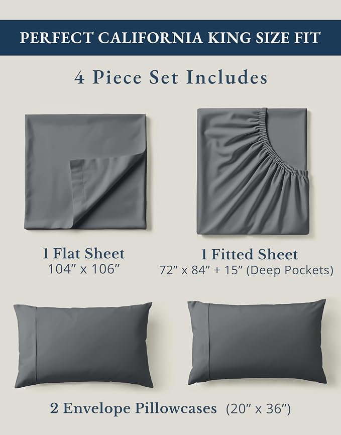 LANE LINEN California King Sheet Set 100% Organic Cotton Cooling - Charcoal | GOTS Certified Organic Cotton Percale Cal King Sheet Set - Soft From The First Wash, Crisp Cool Percale Weave