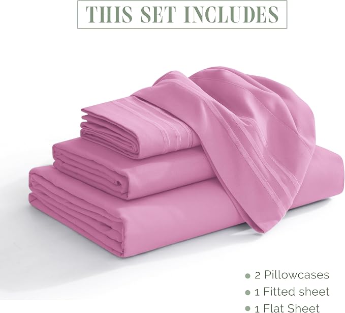 Elegant Comfort Luxurious 1500 Premium Hotel Quality Microfiber Three Line Embroidered Softest 4-Piece Bed Sheet Set, Wrinkle and Fade Resistant, King, Light Pink