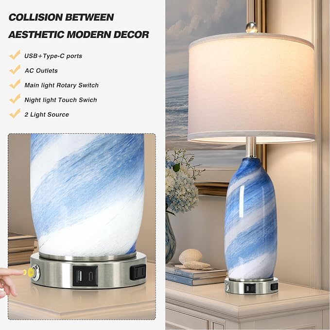 Rinweey 26" Grey-Blue Glass Table Lamps Set of 2,Coastal Lamps Nautical lamp with USB A+C Ports & AC Outlet,Bedside Lamps with 3-Way Dimmable-Night Light for Bedroom Living Room,Grey-Blue