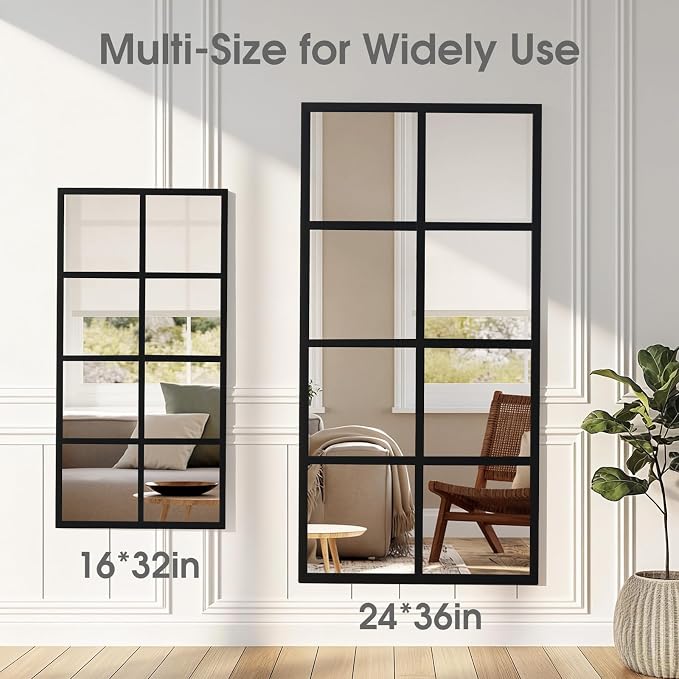 DUMOS Wall Mirrors 16" x 32", Set of 2 Rectangle Window Pane Decorative Mirrors, Black Metal Framed Wall Mounted Mirror for Bathroom, Bedroom, Entryway