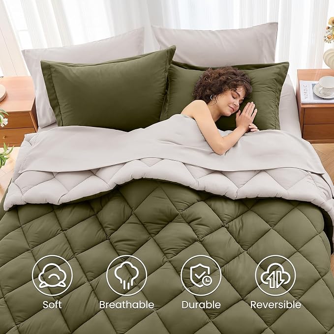 5 Pieces Twin Comforter Set, Reversible Bed in a Bag Twin Size, All Season Bedding Set with Comforter, Flat Sheet, Fitted Sheet, Pillowcases & Shams, Olive Green & Beige