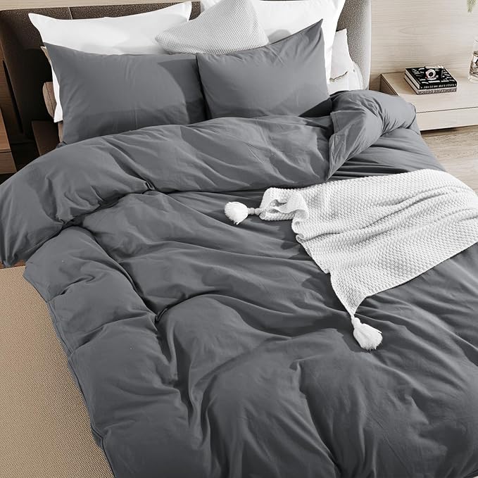 NEXHOME PRO Duvet Cover Set 100% Washed Cotton Full Size Linen Feel Textured Organic Natural 3 Pieces Bedding Set with Zipper Closure and Corner Ties, Breathable and Soft (Grey, No Comforter)