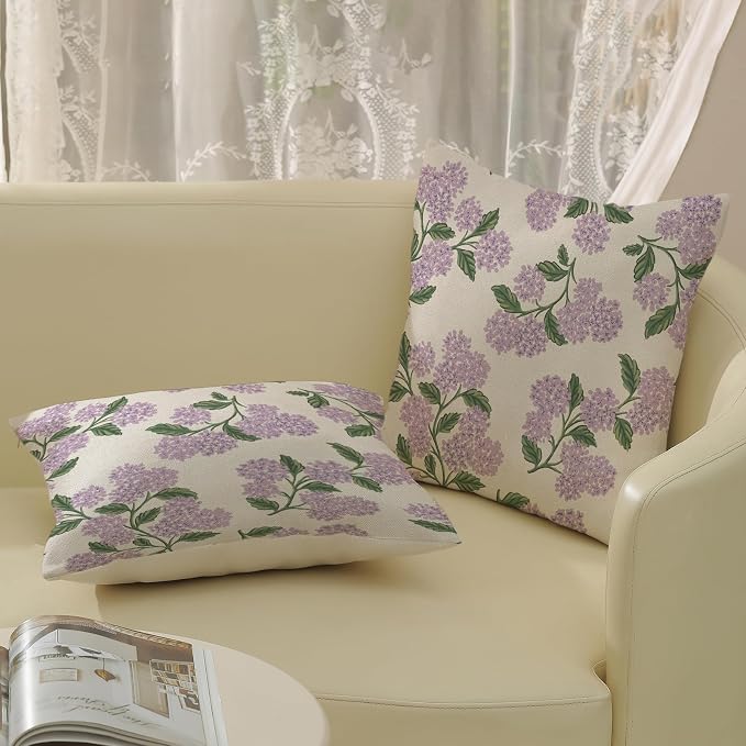 Purple Pink Spring Pillow Covers 18x18 Inch 2 Pcs Green Hydrangea Flower Decor Throw Pillows Vintage Floral Seasonal Summer Outdoor Decoration Pillowcase Linen Cushion Cover for Couch Sofa