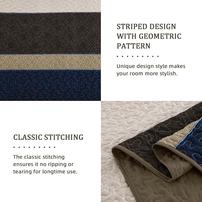 Cottolester Quilt Set Full,Brown Blue Striped Plaid Bedspread Coverlet Set | Lightweight Coverlets Set with 2 PillowShams,All Seasons Microfiber Boho Quilt Bedding Sets for Bedroom Guest Room 78"x90"