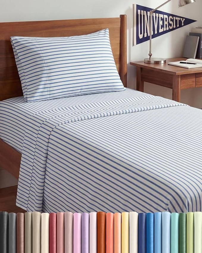 Twin XL 3 Piece Sheet Set - College Dorm Room Essentials - Blue Stripes | Deep Pocket Bed Sheets for Women, Men, Teens & Students, Soft, Cooling, Breathable & Wrinkle Free, Oeko-Tex Bed Sheet Set