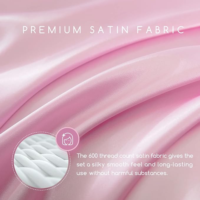MR&HM Satin Sheets Twin Size with Elastic Corner Straps, Pink | Similar to Silk, 3-Piece Silky Soft Bed Sheet Set, Gentle on Skin and Hair, 15" Deep Pocket, Cooling & Breathable