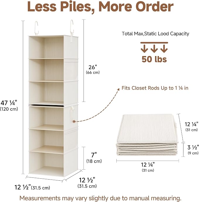 StorageWorks Hanging Closet Organizer, 6-Shelf with 2-in-1 Design, Ivory | Maximize Closet Space with Reinforced Shelves, Small Closet Storage Solution for Bedrooms, Dorms and RVs